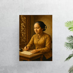 Raden Ajeng Kartini writing letters beside Javanese carved window poster 7