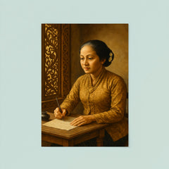 Raden Ajeng Kartini writing letters beside Javanese carved window poster 8