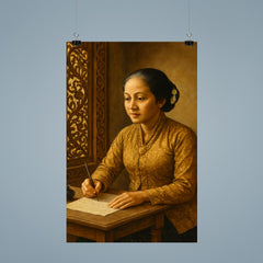 Raden Ajeng Kartini writing letters beside Javanese carved window poster 9