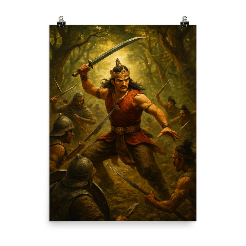 Raden Wijaya founding Majapahit through forest ambush poster on a plain backdrop in size 8
