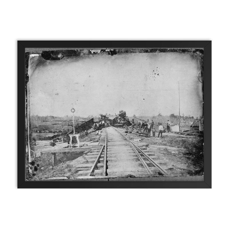 Railroad Wreck, 1870-1890 framed print on a plain backdrop in size 18