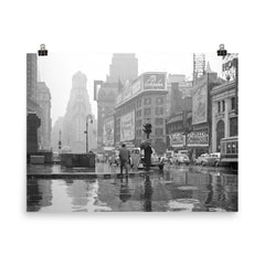 Rainy Day in Times Square - A view of Times Square on a rainy day, New York City, 1943 poster on a plain backdrop in size 8"x10".