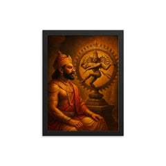 Raja Raja Chola before bronze Nataraja framed print on a plain backdrop in size 12"x16".