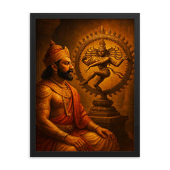 Raja Raja Chola before bronze Nataraja framed print on a plain backdrop in size 18"x24".