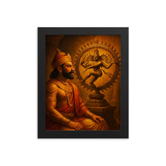 Raja Raja Chola before bronze Nataraja framed print on a plain backdrop in size 8"x10".