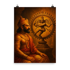 Raja Raja Chola before bronze Nataraja poster on a plain backdrop in size 8"x10".