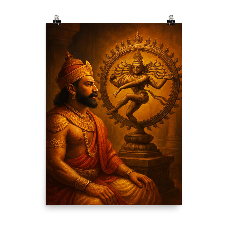Raja Raja Chola before bronze Nataraja poster on a plain backdrop in size 8
