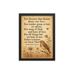Ralph Waldo Emerson gratitude poem with bird framed print on a plain backdrop in size 12"x16".