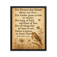 Ralph Waldo Emerson gratitude poem with bird framed print on a plain backdrop in size 16"x20".
