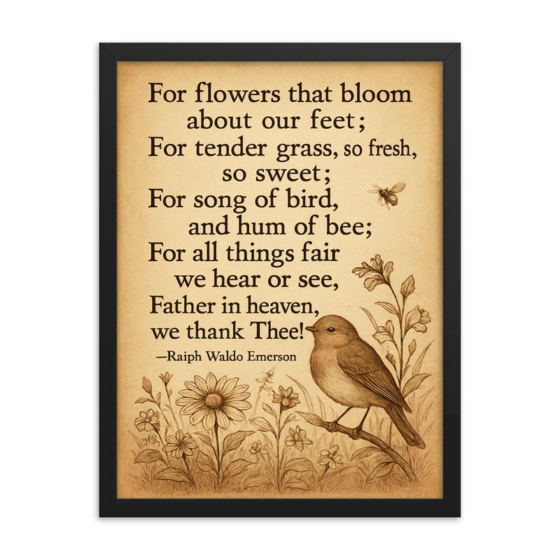 Ralph Waldo Emerson gratitude poem with bird framed print on a plain backdrop in size 18