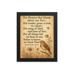 Ralph Waldo Emerson gratitude poem with bird framed print on a plain backdrop in size 8"x10".