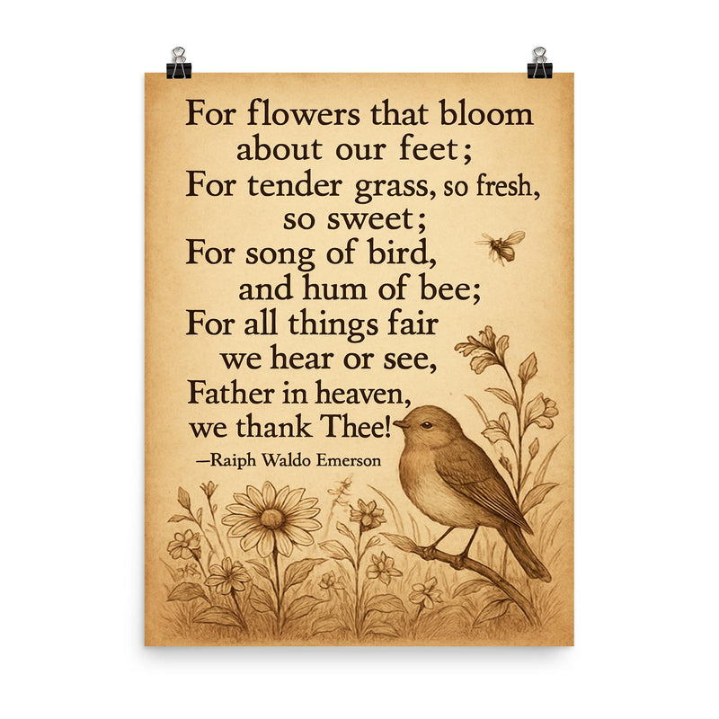 Ralph Waldo Emerson gratitude poem with bird poster on a plain backdrop in size 8