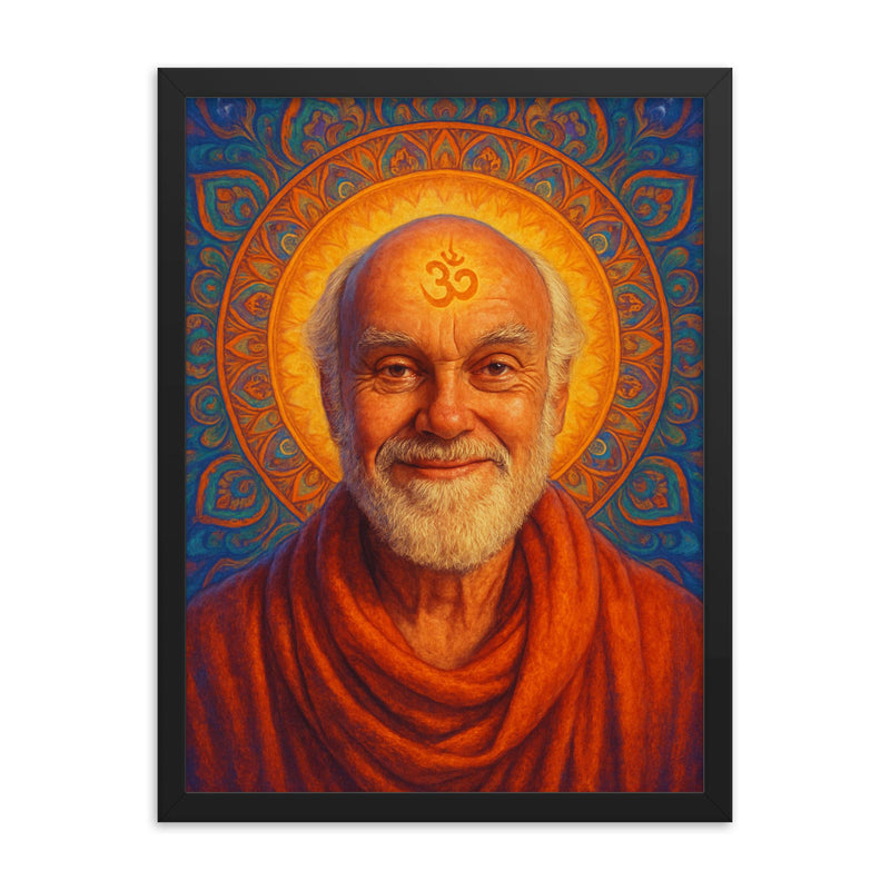Ram Dass framed print on a plain backdrop in size 18