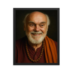 Ram Dass portrait framed print on a plain backdrop in size 16"x20".