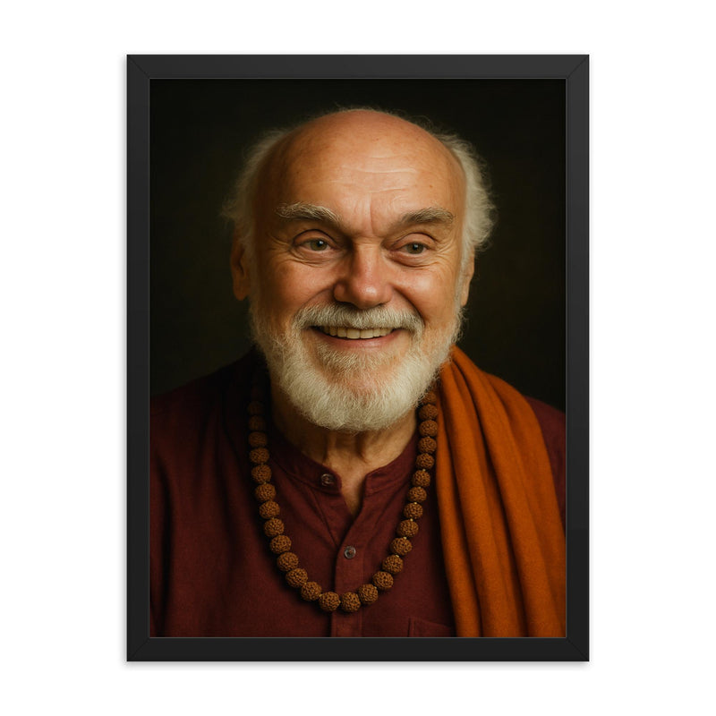 Ram Dass portrait framed print on a plain backdrop in size 18