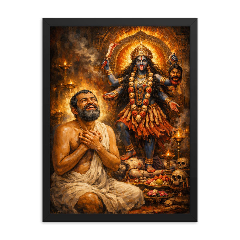Ramakrishna ecstatic beside Kali shrine framed print on a plain backdrop in size 18