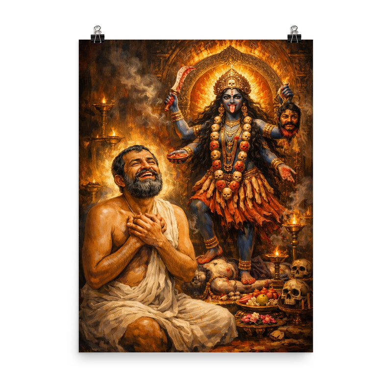 Ramakrishna ecstatic beside Kali shrine poster on a plain backdrop in size 8