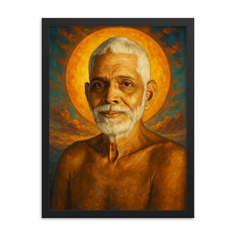 Ramana Maharshi framed print on a plain backdrop in size 18