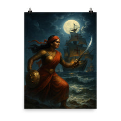 Rani Abbakka confronting Portuguese warships at night poster on a plain backdrop in size 8"x10".