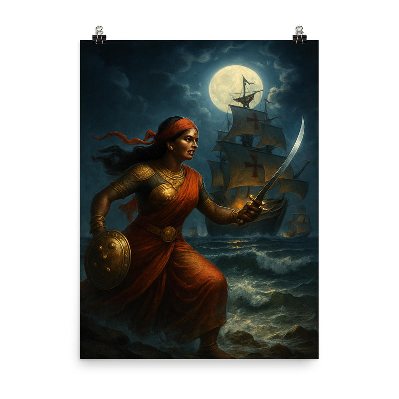 Rani Abbakka confronting Portuguese warships at night poster on a plain backdrop in size 8
