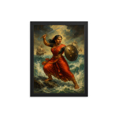 Rani Abbakka defying Portuguese ships in monsoon surf framed print on a plain backdrop in size 12"x16".