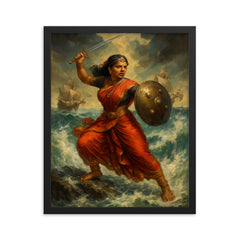 Rani Abbakka defying Portuguese ships in monsoon surf framed print on a plain backdrop in size 16"x20".