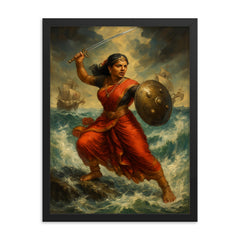 Rani Abbakka defying Portuguese ships in monsoon surf framed print on a plain backdrop in size 18"x24".