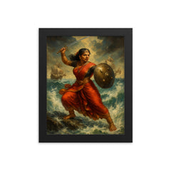 Rani Abbakka defying Portuguese ships in monsoon surf framed print on a plain backdrop in size 8"x10".
