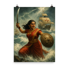 Rani Abbakka defying Portuguese ships in monsoon surf poster on a plain backdrop in size 8"x10".