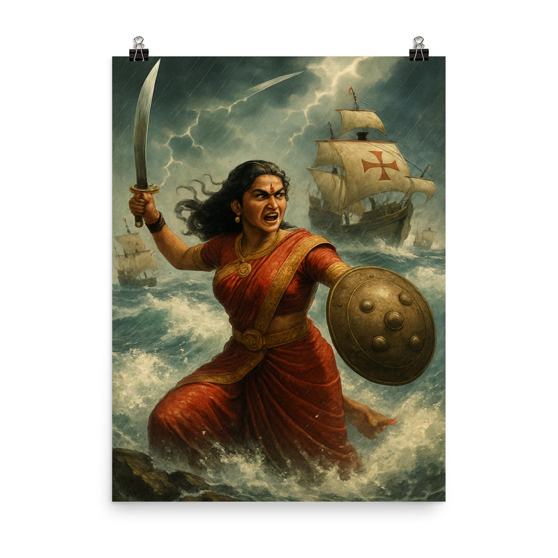 Rani Abbakka defying Portuguese ships in monsoon surf poster on a plain backdrop in size 8