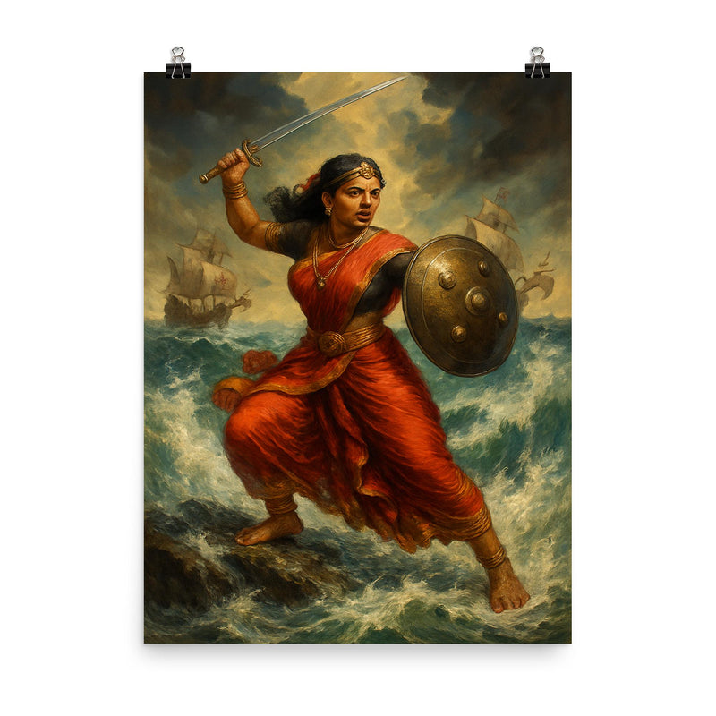 Rani Abbakka defying Portuguese ships in monsoon surf poster on a plain backdrop in size 8