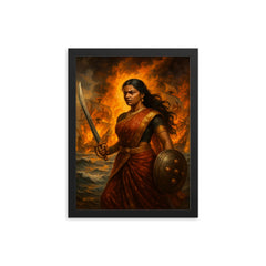 Rani Abbakka facing Portuguese ships in flames framed print on a plain backdrop in size 12"x16".