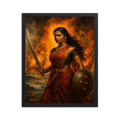Rani Abbakka facing Portuguese ships in flames framed print on a plain backdrop in size 16"x20".