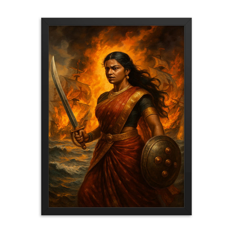 Rani Abbakka facing Portuguese ships in flames framed print on a plain backdrop in size 18