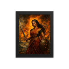 Rani Abbakka facing Portuguese ships in flames framed print on a plain backdrop in size 8"x10".