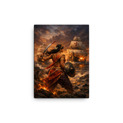 Rani Abbakka facing Portuguese warships at dusk canvas print on a plain backdrop in size 12"x16".