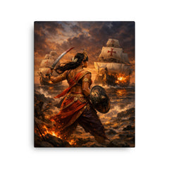 Rani Abbakka facing Portuguese warships at dusk canvas print on a plain backdrop in size 16"x20".