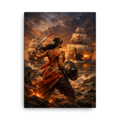 Rani Abbakka facing Portuguese warships at dusk canvas print on a plain backdrop in size 18"x24".