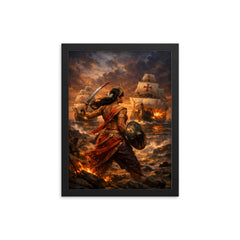 Rani Abbakka facing Portuguese warships at dusk framed print on a plain backdrop in size 12"x16".