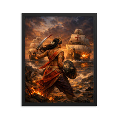 Rani Abbakka facing Portuguese warships at dusk framed print on a plain backdrop in size 16"x20".