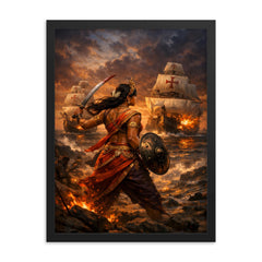 Rani Abbakka facing Portuguese warships at dusk framed print on a plain backdrop in size 18"x24".