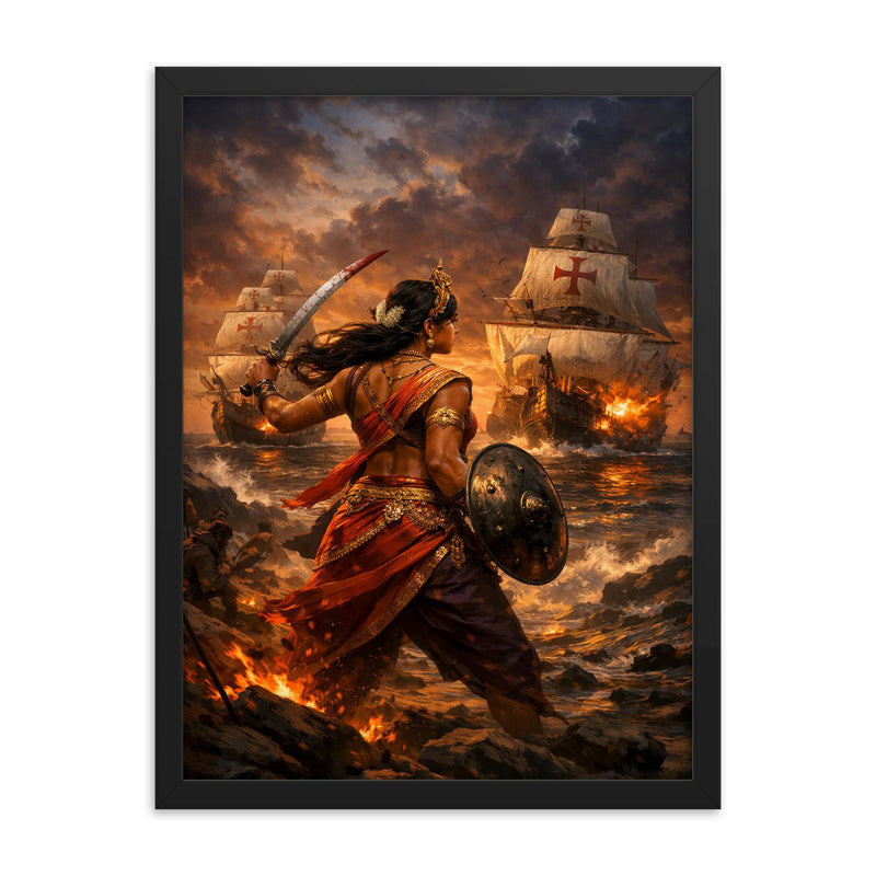 Rani Abbakka facing Portuguese warships at dusk framed print on a plain backdrop in size 18