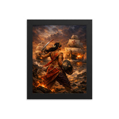 Rani Abbakka facing Portuguese warships at dusk framed print on a plain backdrop in size 8"x10".