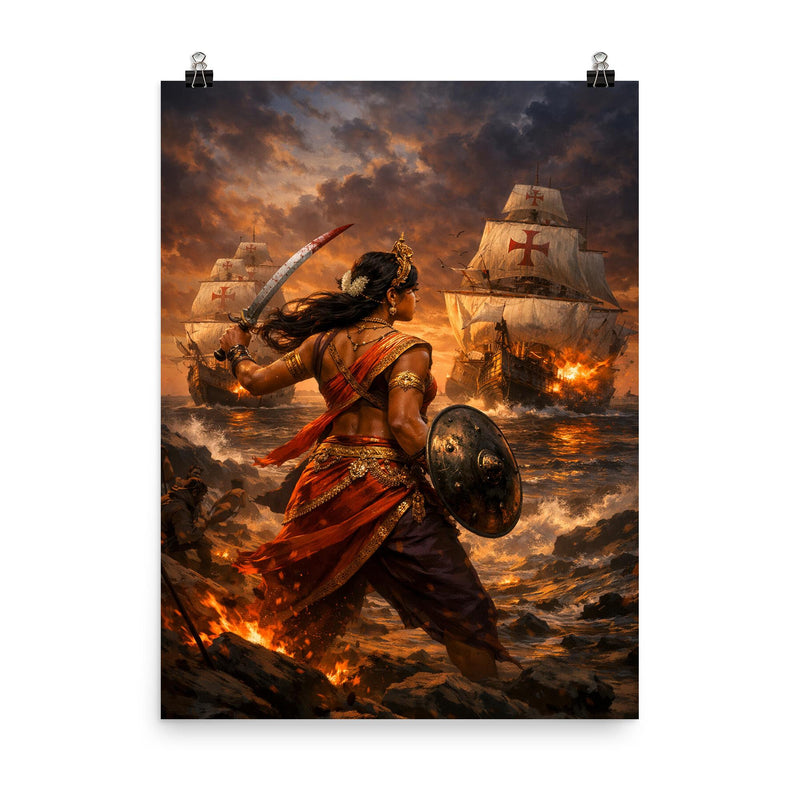 Rani Abbakka facing Portuguese warships at dusk poster on a plain backdrop in size 8