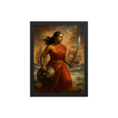Rani Abbakka facing Portuguese warships framed print on a plain backdrop in size 12"x16".