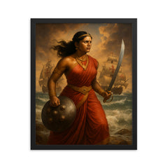 Rani Abbakka facing Portuguese warships framed print on a plain backdrop in size 16"x20".