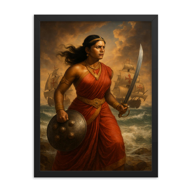 Rani Abbakka facing Portuguese warships framed print on a plain backdrop in size 18