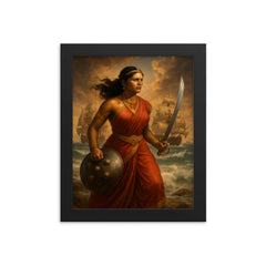 Rani Abbakka facing Portuguese warships framed print on a plain backdrop in size 8"x10".