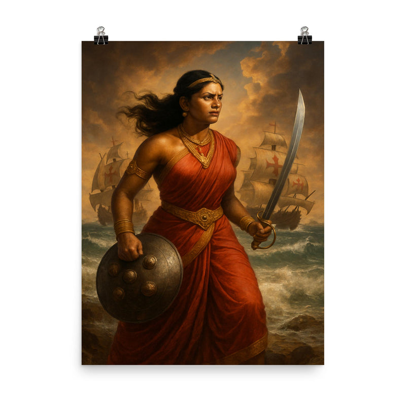 Rani Abbakka facing Portuguese warships poster on a plain backdrop in size 8