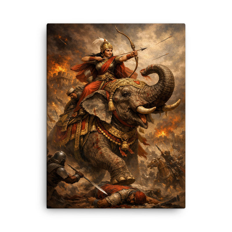 Rani Durgavati on elephant during last battle canvas print on a plain backdrop in size 18